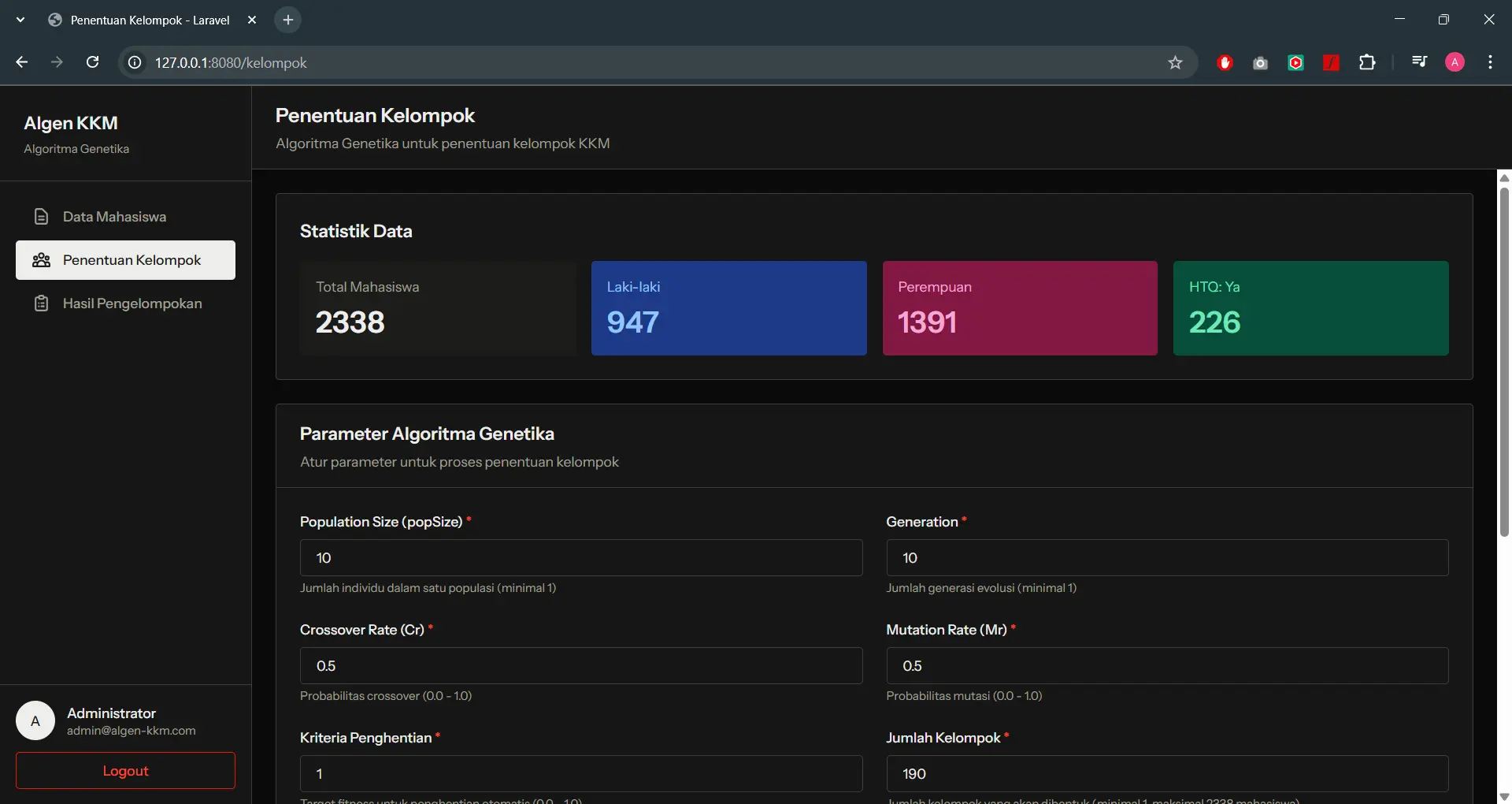Penentuan Kelompok KKM (Genetic Algorithm Optimization)